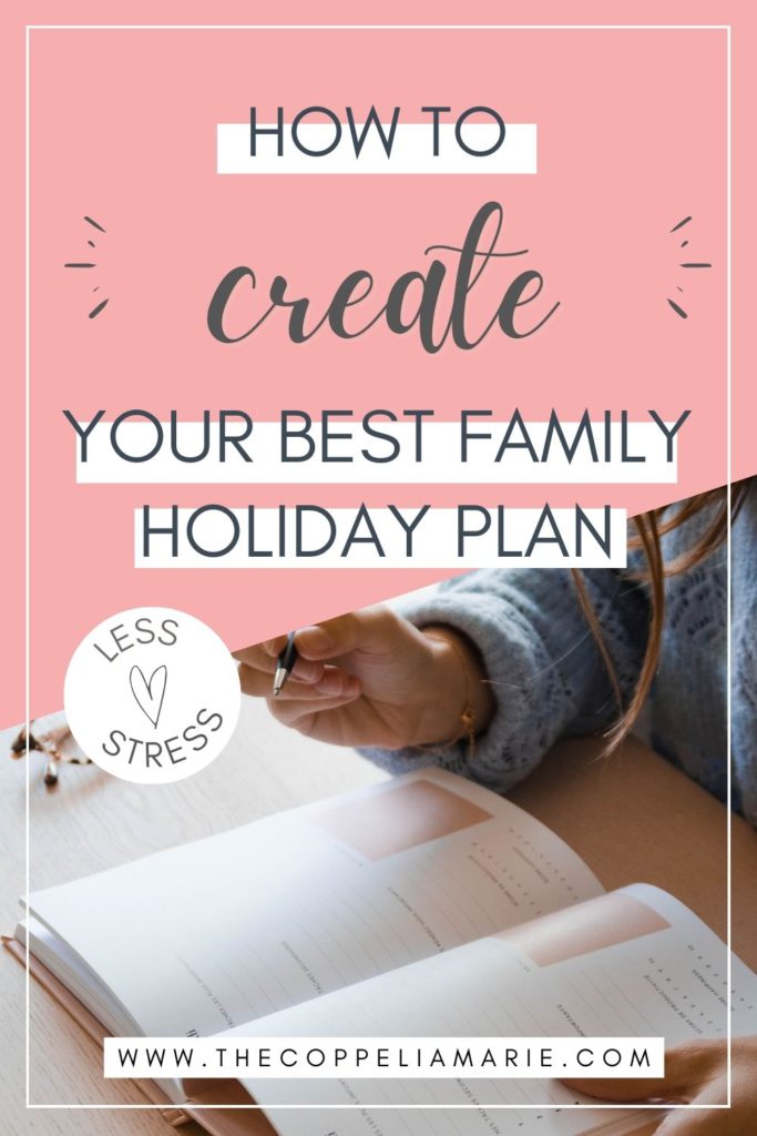 Image of a calendar planner or agenda in front of a lady with a light blue sweater, pen in hand, ready to create the BEST Family Holiday plan.